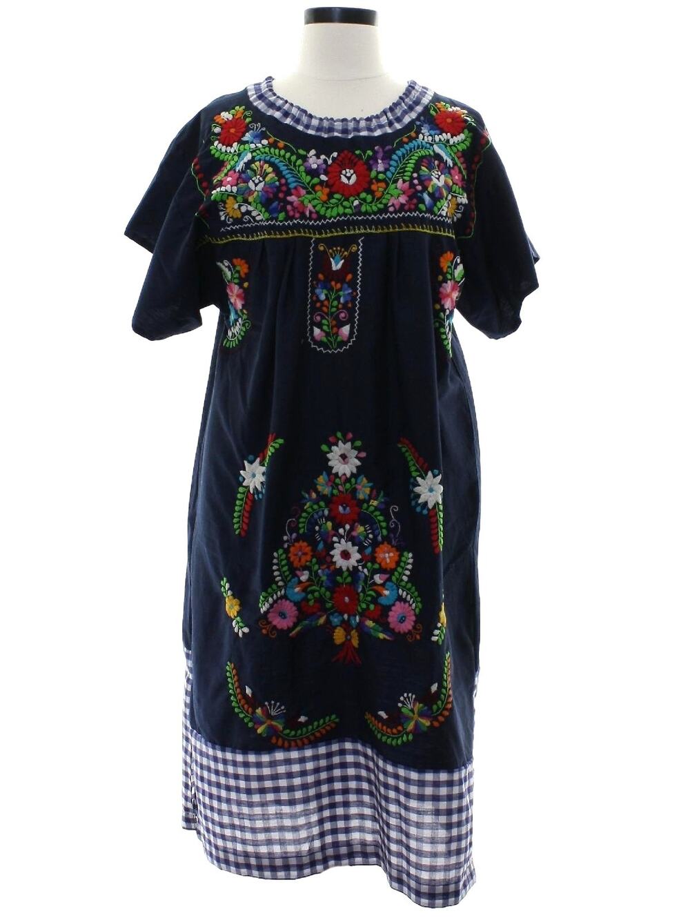 Vintage 70s Huipil Embroidered Floral Navy Cotton Lounge Dress Women's M/L